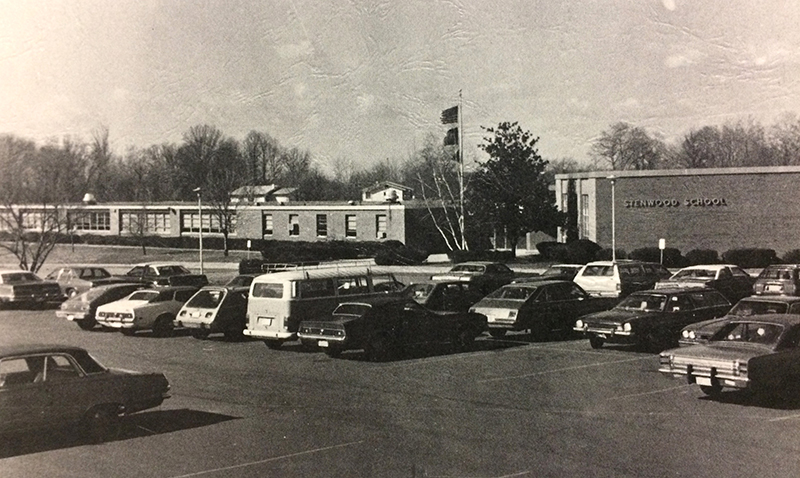 Black and white photograph of the front of Stenwood Elementary School from the 1978-79 yearbook. 