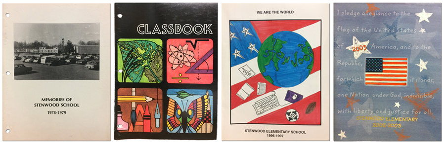 Collage of the covers of Stenwood Elementary School yearbooks from 1979, 1981, 1997, and 2003. The 1979 yearbook features a black and white photograph of the front of the school. The 1981 yearbook has drawings of a plant leaf, an atom, a butterfly, a pencil, crayon, and ink brush, and math symbols. The 1997 yearbook is a student drawn image of the Earth where the continents spell out the name Stenwood. The Earth is set above an American flag. The 2003 yearbook has a blue / gray cover with an American flag at the center. The Pledge of Allegiance, printed in white, fills the cover. 