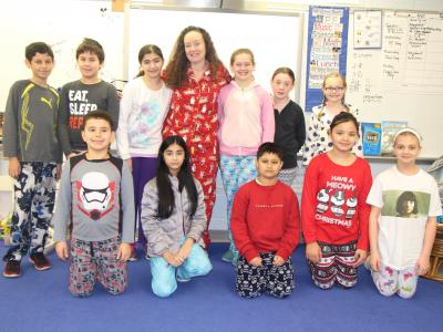 Photo of students in their pajamas for Pajama Day